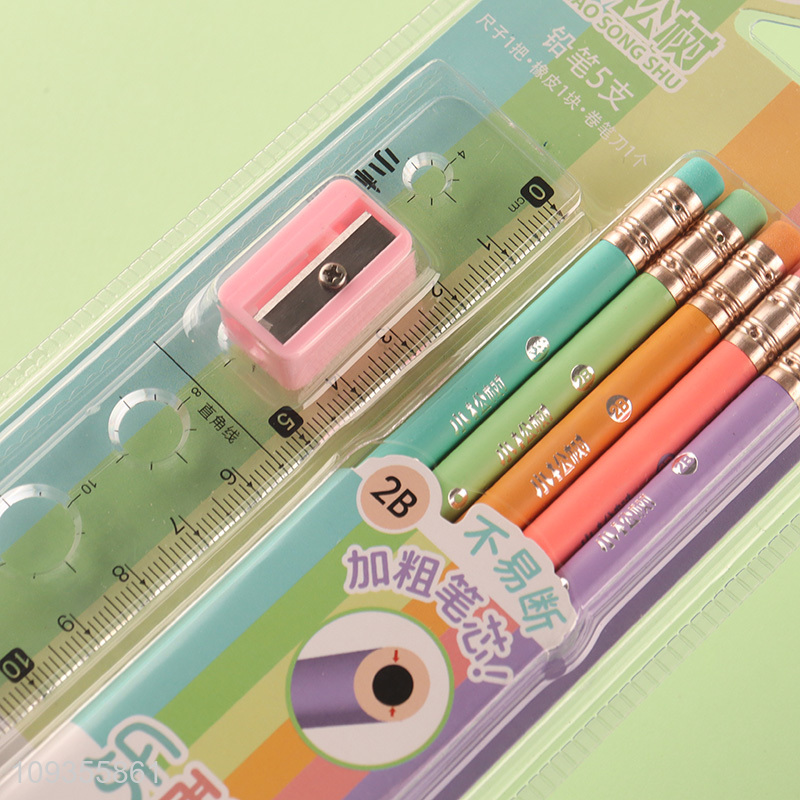 China supplier 5pcs 2B pencils with eraser ruler set