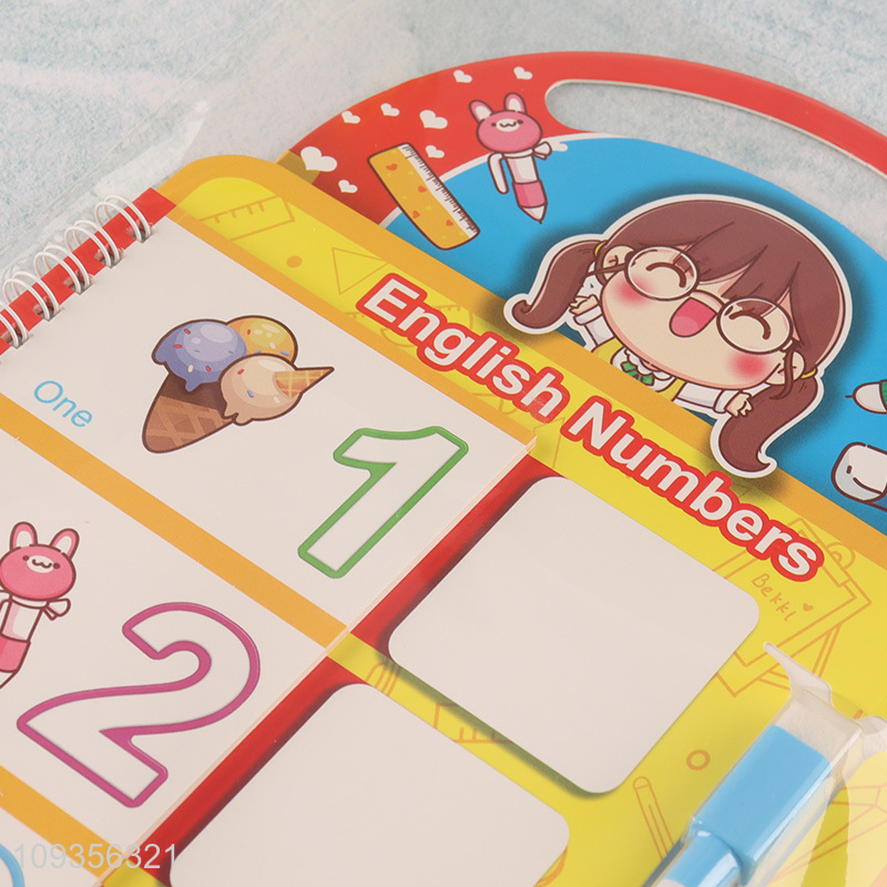 Good quality erasable kids English number learning book with pen