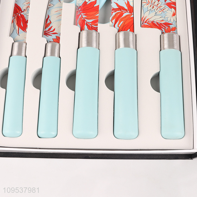 7 Pieces Floral Print Blade Kitchen Knife Set With Scissor & Peeler